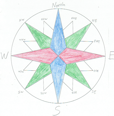 A printed compass rose outline, colored with crayon