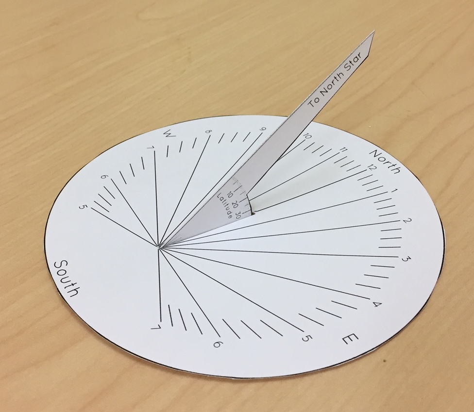 An equatorial paper sundial, assembled from two cut-out paper parts